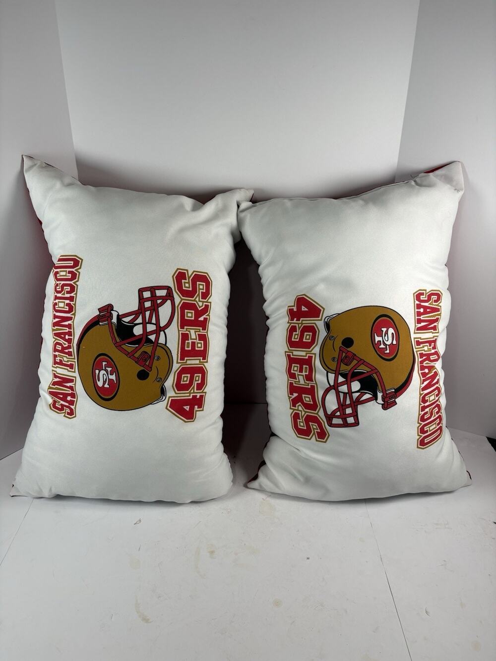 San Francisco 49ers NFL Football Throw Pillows Pair Red White Helmet Logo 24x15